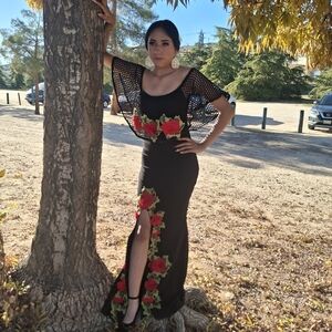 Chic Black Maxi Dress with Red Floral Accents